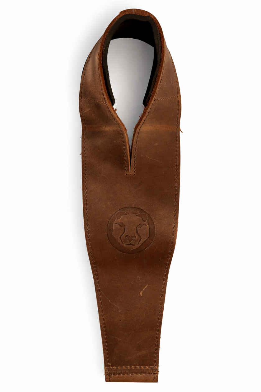 Brown leather lifting strap with a logo on a white background