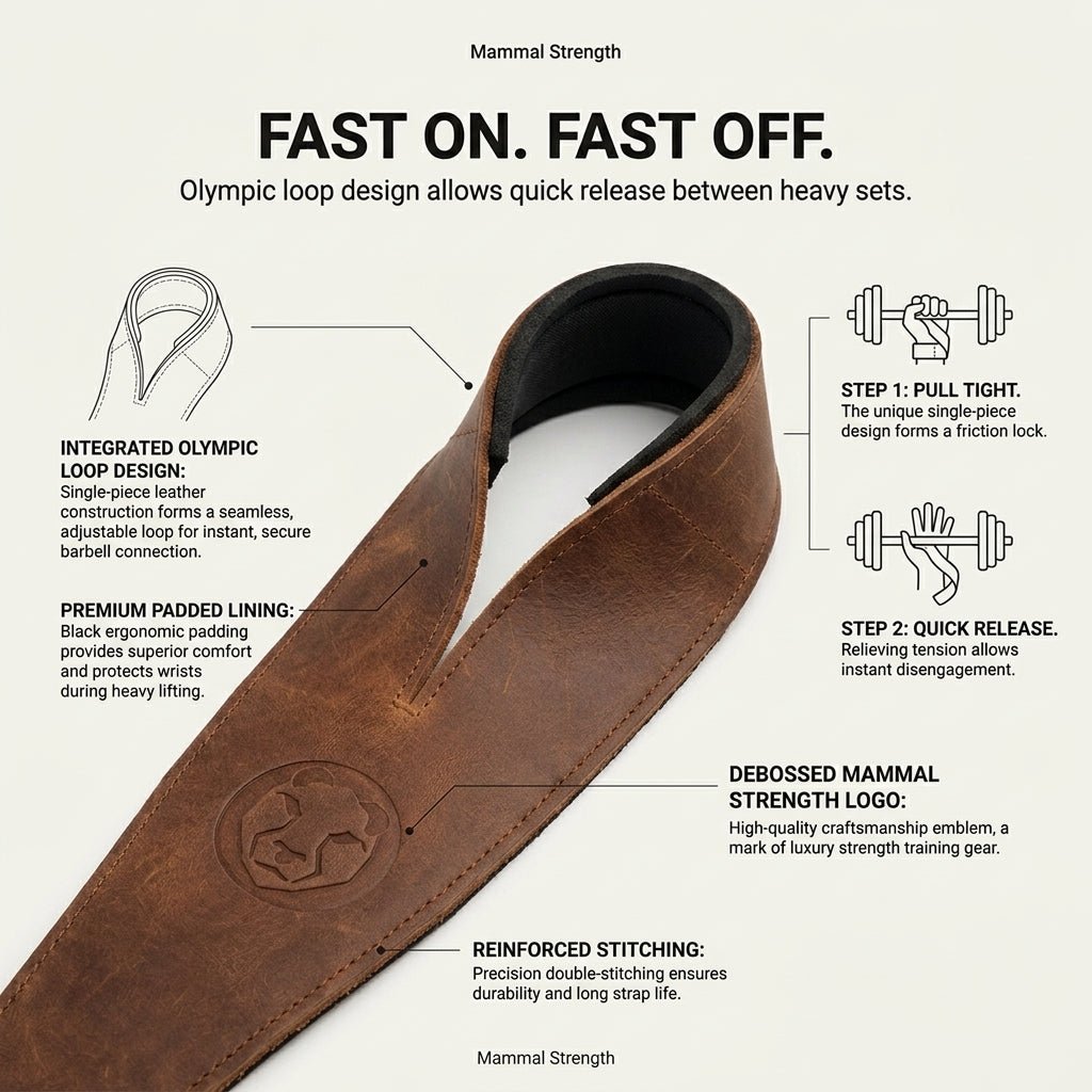 Olympic loop weightlifting strap, product studio shot ā Mammal Strength