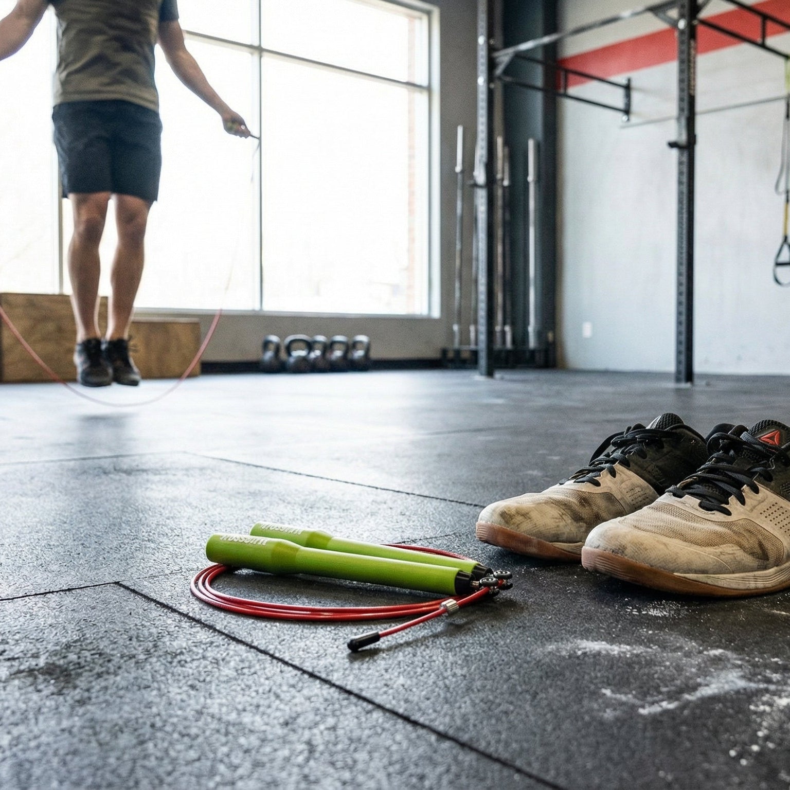 Speed skipping rope on a gym floor with training shoes and kettlebells for cardio and functional fitness