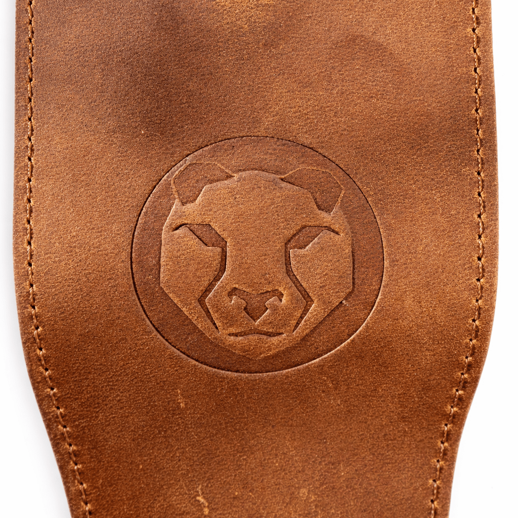 Close-up of Olympic lifting strap loop and leather texture