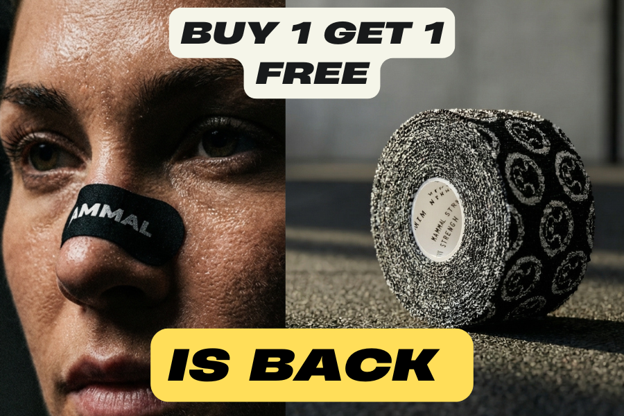 Buy 1 get 1 free Mammal Strength training gear promotion featuring Mammal Tape and nasal breathing strips
