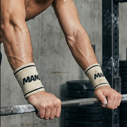 Athlete wearing long wristbands sweatbands 15cm during CrossFit weightlifting workout