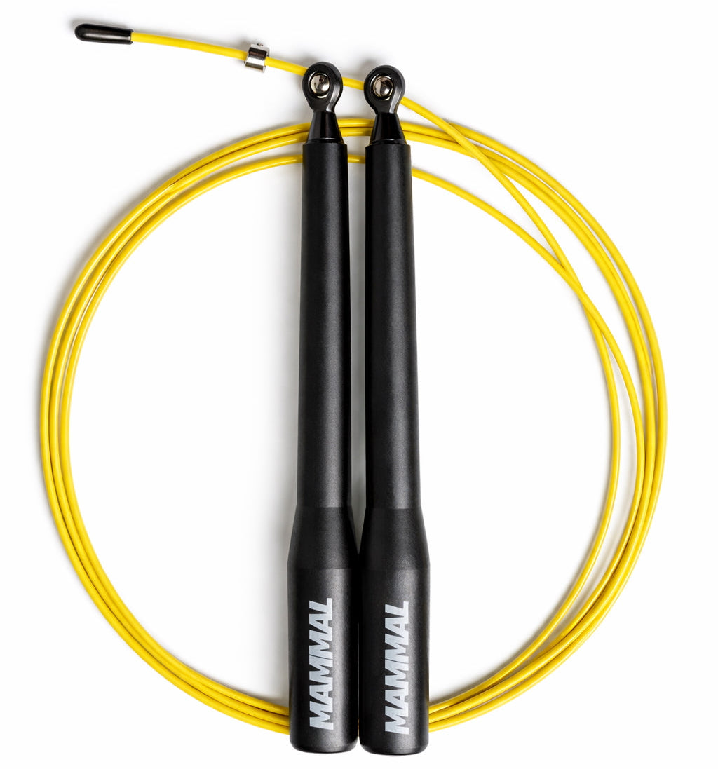 Black-handled speed jump rope with yellow cable on a white background, designed for fast rotations and high-intensity cardio training.