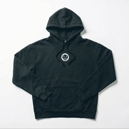 Mammal Strength black training hoodie flat lay on white background – premium gym and weightlifting apparel