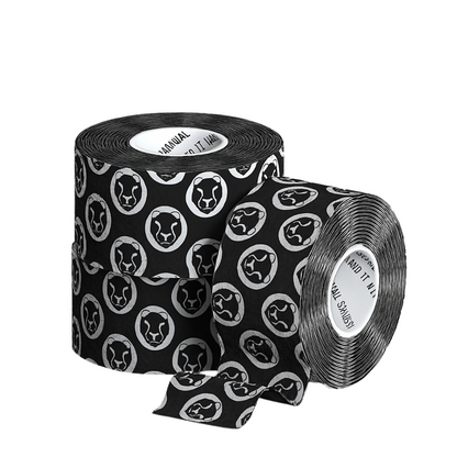 Two rolls of black hook grip tape with white patterns on a white background