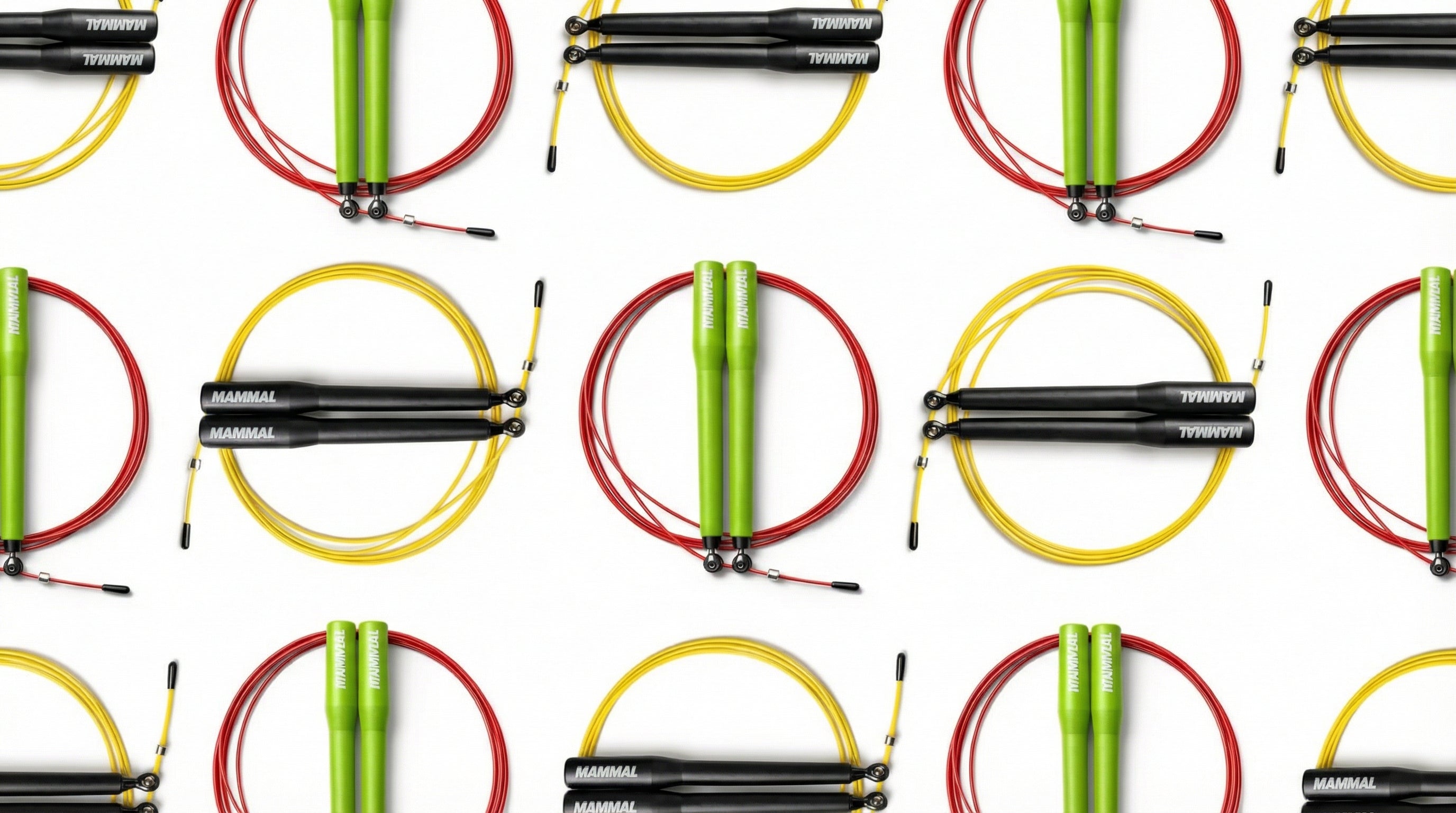 Colourful speed skipping ropes pattern graphic on a white background (red, yellow, and green jump ropes).
