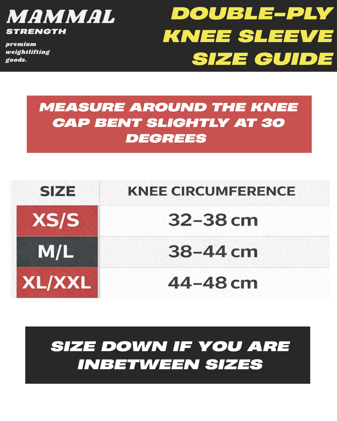 Mammal Strength 3mm double ply knee sleeves size guide knee circumference measurement chart