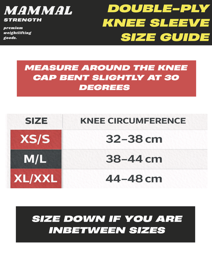 Mammal Strength 3mm double ply knee sleeves size guide knee circumference measurement chart