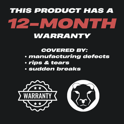 Mammal Strength 12 month warranty graphic for knee sleeves covering manufacturing defects rips and tears
