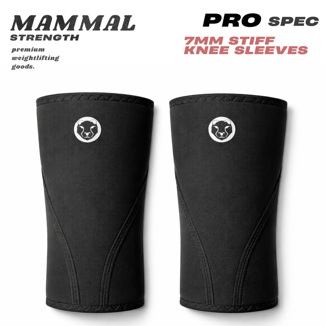 Front view of Mammal Strength Stiff Knee Sleeves PRO showing ultra-stiff 7mm CR neoprene construction and PRO spec branding
