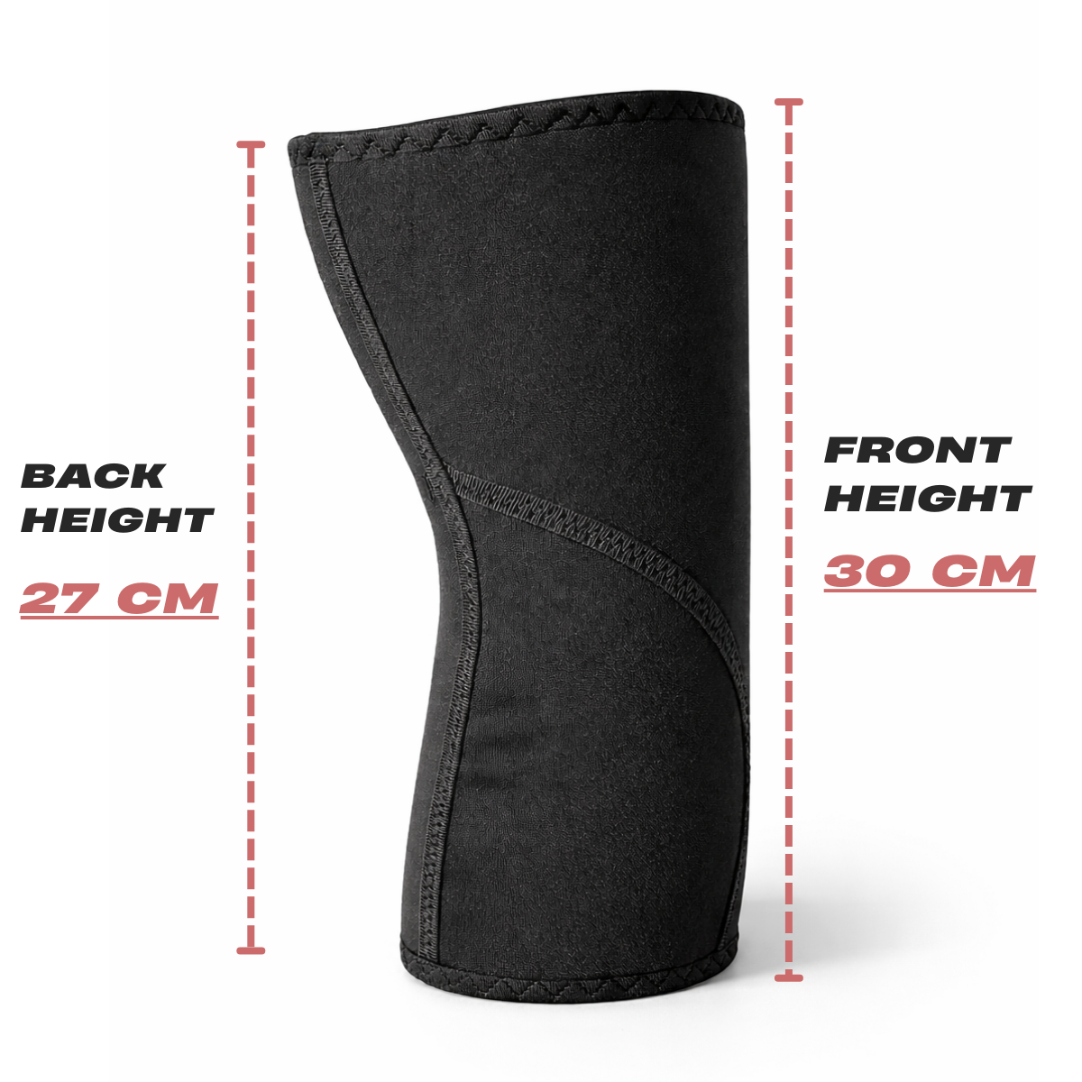 Height measurements of Mammal Strength Stiff Knee Sleeves PRO showing 30 cm front height and 27 cm back height
