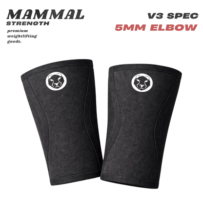 Pair of Mammal Strength V3 5mm elbow sleeves featuring Mammal Strength logo and V3 specification branding on a white background
