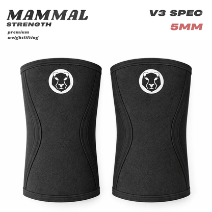 Front view of Mammal Strength V3 5mm black knee sleeves for weightlifting and training

