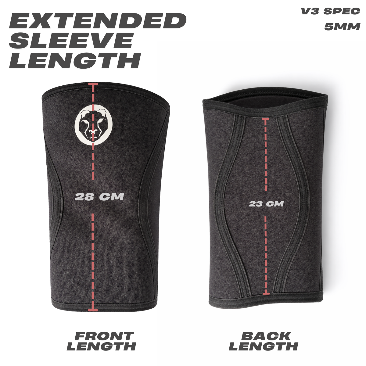 Front and back length measurements of Mammal Strength V3 5mm knee sleeves showing extended sleeve design
