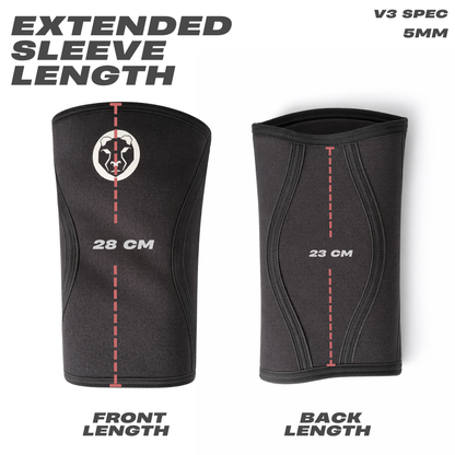 Front and back length measurements of Mammal Strength V3 5mm knee sleeves showing extended sleeve design
