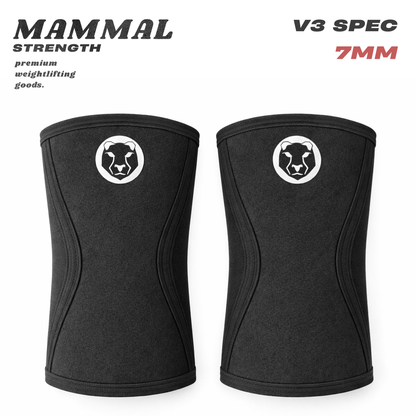 Front view of Mammal Strength V3 7mm black knee sleeves for weightlifting and strength training
